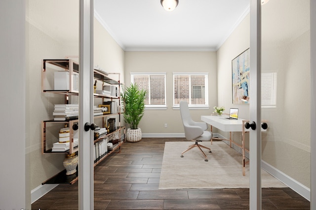 office area featuring wood tiled floor, baseboards, crown molding, and french doors