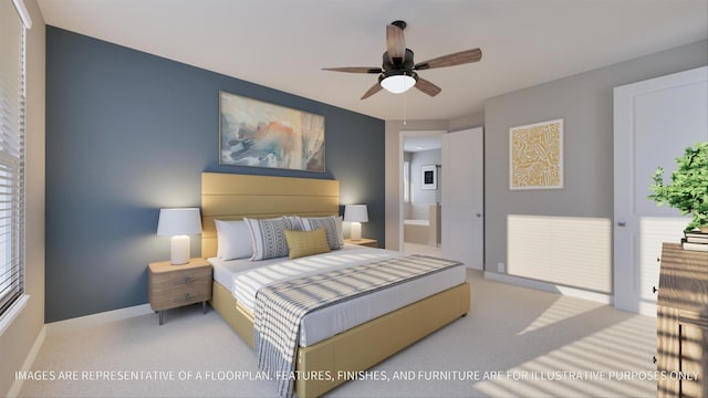 bedroom with light carpet and ceiling fan