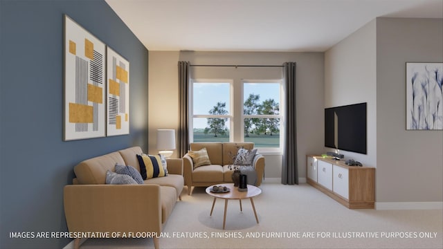 living area featuring baseboards and light colored carpet