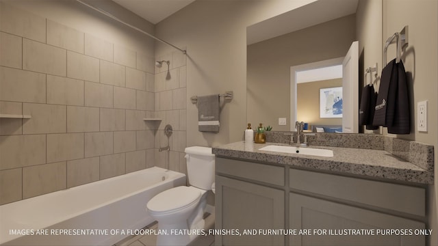 full bathroom featuring vanity, tiled shower / bath, and toilet