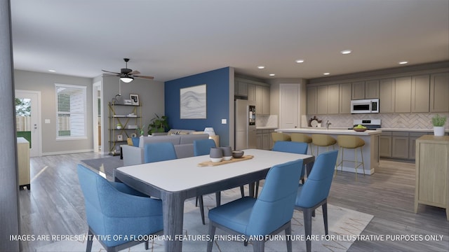 dining space with recessed lighting, baseboards, light wood-style floors, and a ceiling fan