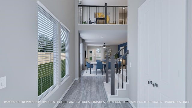 foyer entrance featuring hardwood / wood-style flooring, ceiling fan, and a high ceiling