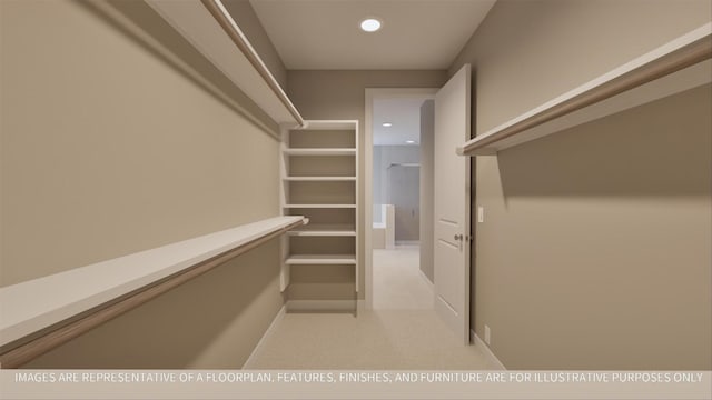 walk in closet with light colored carpet