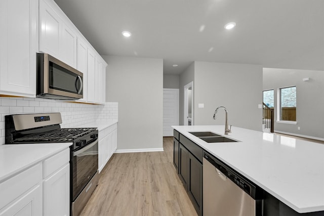 kitchen featuring tasteful backsplash, a sink, white cabinets, stainless steel appliances, and a kitchen island with sink