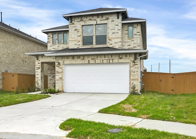 view of front of property with brick siding, an attached garage, concrete driveway, and fence