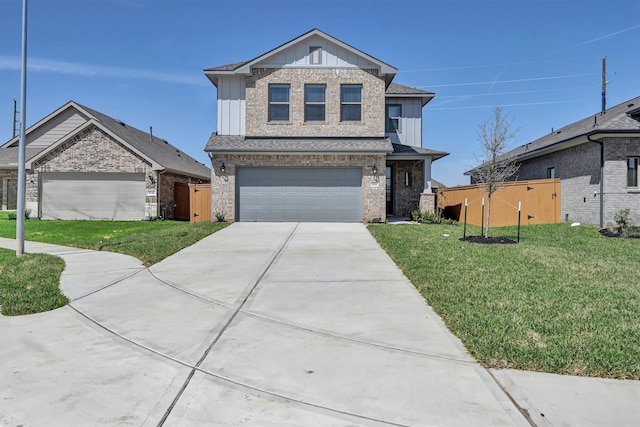 view of front of home with board and batten siding, concrete driveway, a front yard, and fence