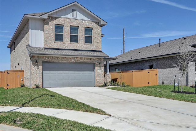 view of front of house featuring fence, driveway, roof with shingles, a garage, and board and batten siding