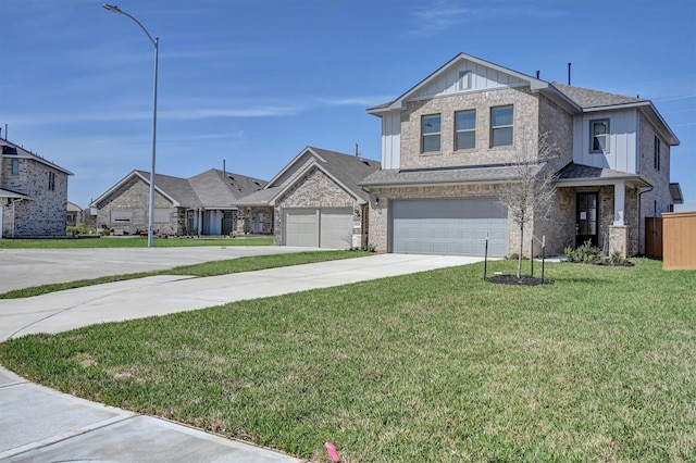 view of front facade with brick siding, board and batten siding, a front lawn, concrete driveway, and an attached garage