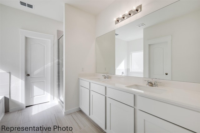 bathroom featuring vanity and a shower with shower door