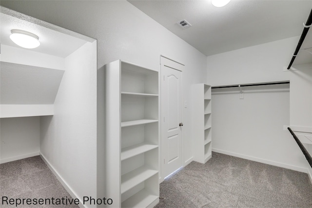 walk in closet with light colored carpet