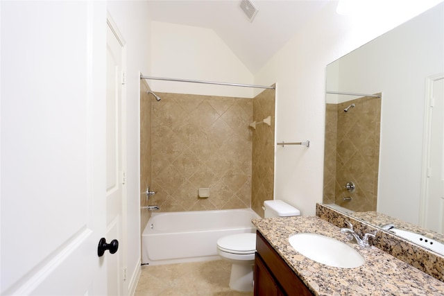 bathroom featuring visible vents, toilet, lofted ceiling, tile patterned flooring, and vanity