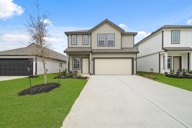 view of front facade featuring concrete driveway, an attached garage, and a front lawn