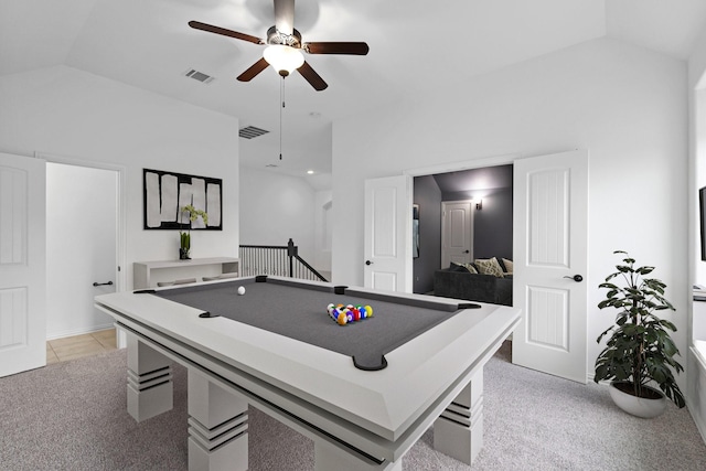 playroom featuring light tile patterned floors, vaulted ceiling, billiards, and ceiling fan