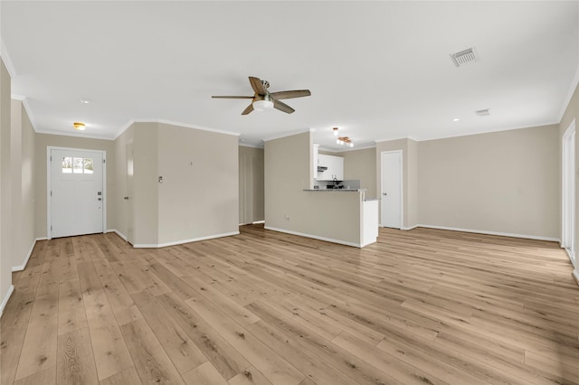 unfurnished living room with ornamental molding, light hardwood / wood-style floors, and ceiling fan