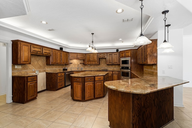 803 S Converse St, Flatonia, TX 78941 - kitchen featuring stone countertops, kitchen peninsula, pendant lighting, stainless steel appliances, and backsplash
