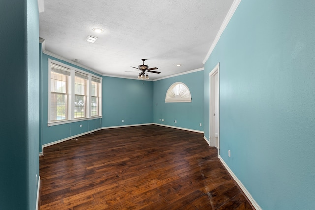 803 S Converse St, Flatonia, TX 78941 - empty room with ornamental molding, dark wood-type flooring, ceiling fan, and a textured ceiling