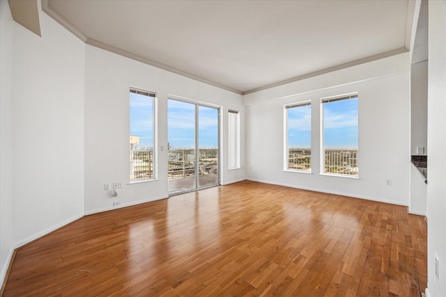 spare room with ornamental molding, baseboards, and wood finished floors