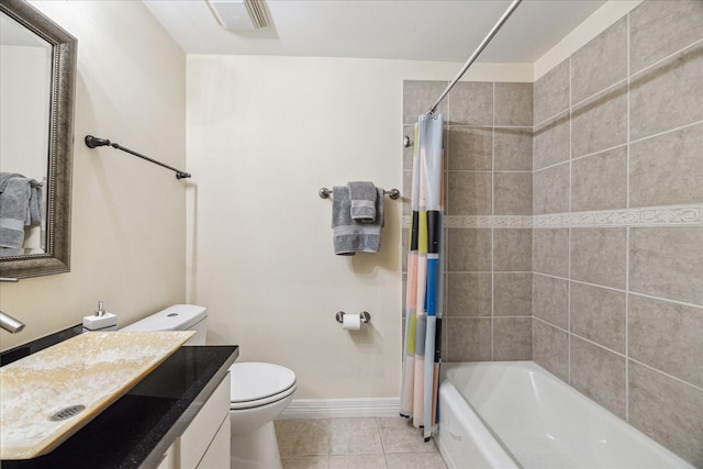 full bathroom with tile patterned flooring, vanity, shower / bath combo, and toilet