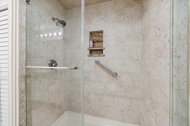 bathroom with a shower with shower door