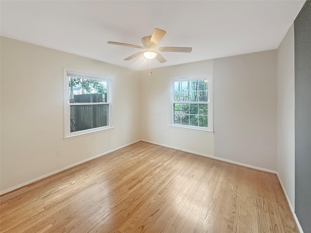 empty room featuring a wealth of natural light, ceiling fan, and light hardwood / wood-style flooring