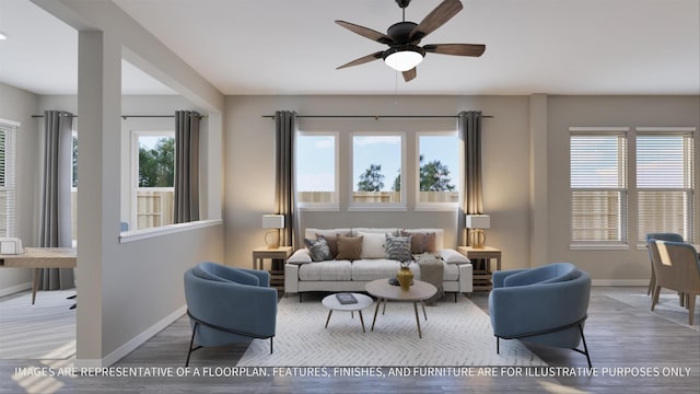 living room with wood finished floors, baseboards, and ceiling fan