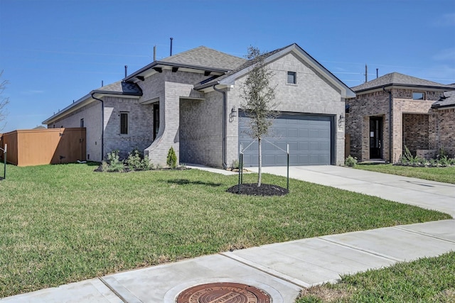 french country style house featuring brick siding, a shingled roof, fence, concrete driveway, and a front yard