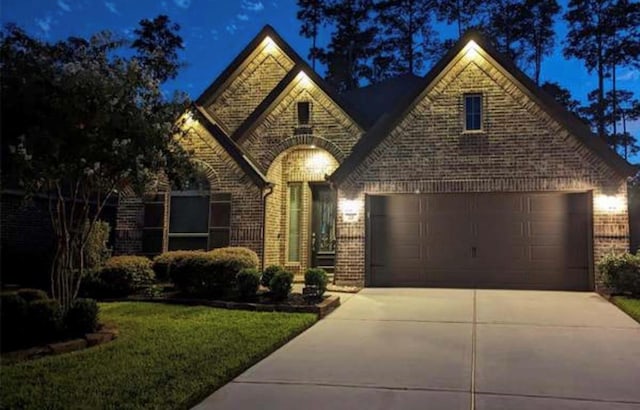 view of front of home with a garage and a lawn