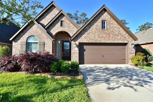 view of front of property with a garage and a front lawn