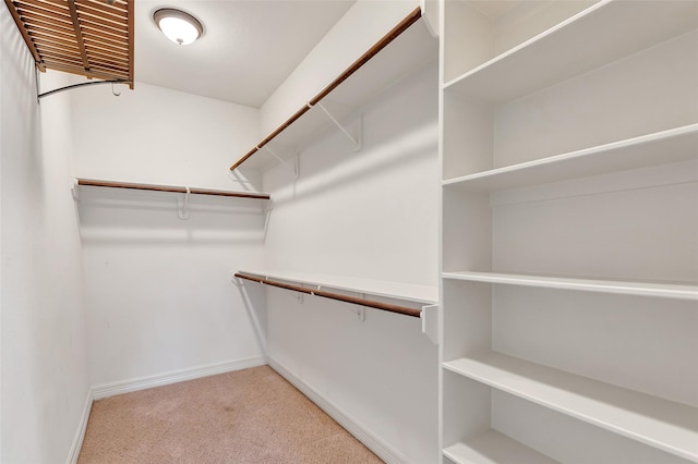 spacious closet featuring light colored carpet