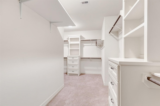 spacious closet featuring light colored carpet