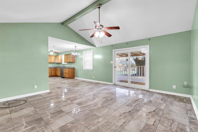 unfurnished living room with ceiling fan with notable chandelier, high vaulted ceiling, and beamed ceiling