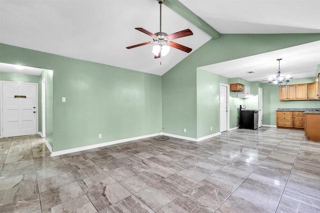 unfurnished living room featuring ceiling fan with notable chandelier and lofted ceiling with beams