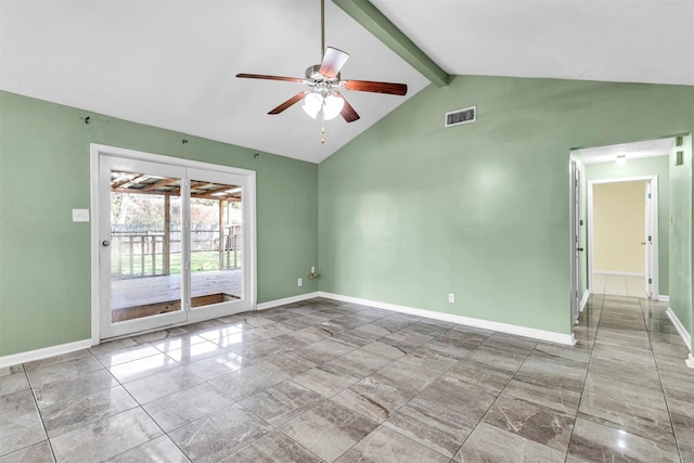 unfurnished room with lofted ceiling with beams and ceiling fan