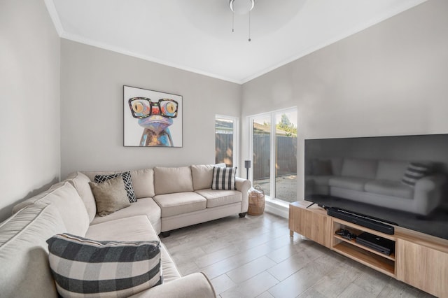 living room featuring crown molding and light wood-type flooring