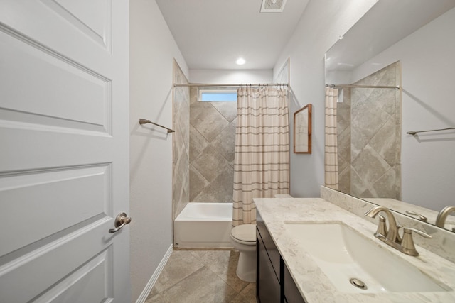 full bathroom with vanity, shower / tub combo, tile patterned floors, and toilet