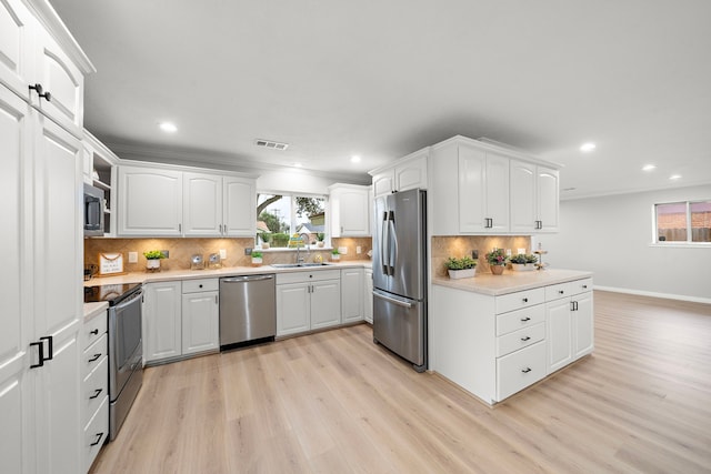 kitchen with sink, stainless steel appliances, tasteful backsplash, light hardwood / wood-style floors, and white cabinets