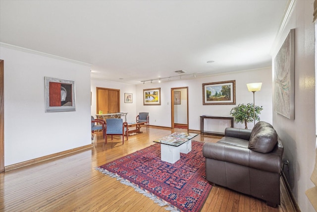 living room with wood-type flooring, ornamental molding, and track lighting