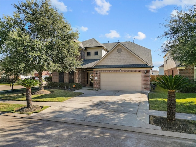 craftsman house with an attached garage, concrete driveway, brick siding, a front lawn, and a shingled roof