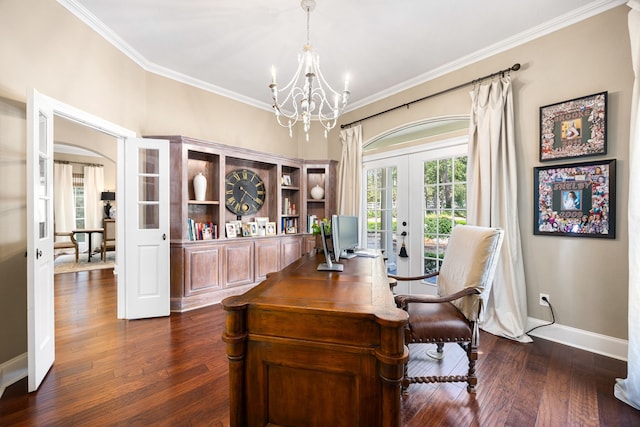 office with french doors, ornamental molding, and dark wood-type flooring