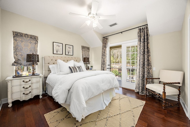 bedroom featuring access to exterior, dark wood-type flooring, and ceiling fan