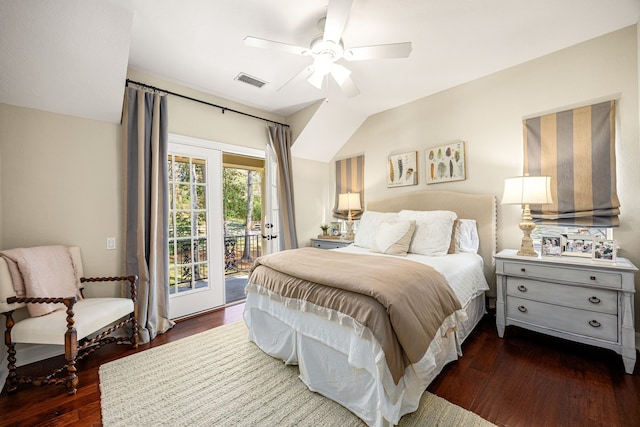 bedroom with dark wood-type flooring, access to exterior, and ceiling fan