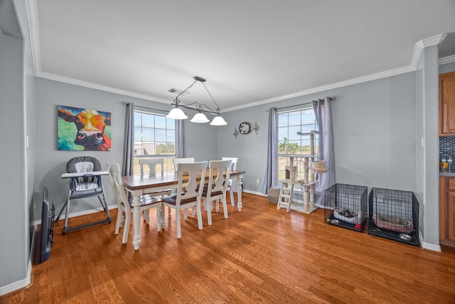 dining area featuring wood-type flooring, a healthy amount of sunlight, and ornamental molding