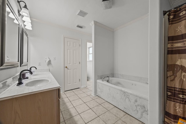 bathroom with ornamental molding, a tub, tile patterned floors, and vanity