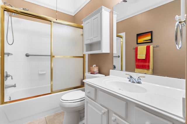 full bathroom featuring tile patterned flooring, ornamental molding, shower / bath combination with glass door, and toilet