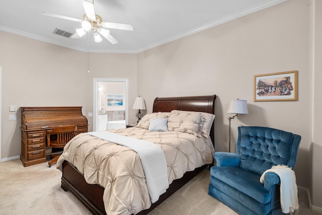 carpeted bedroom with connected bathroom, crown molding, and ceiling fan