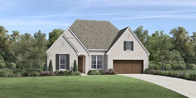 view of front facade with brick siding, driveway, and a front lawn