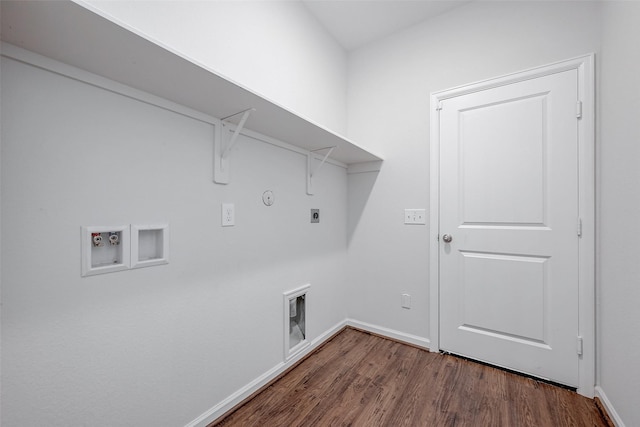 laundry room with hookup for a gas dryer, washer hookup, dark wood-type flooring, and hookup for an electric dryer