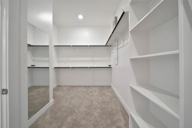 walk in closet featuring light colored carpet