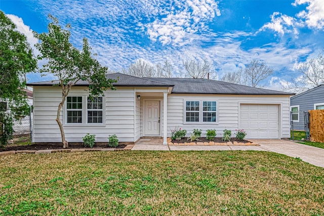 ranch-style home featuring a garage and a front lawn