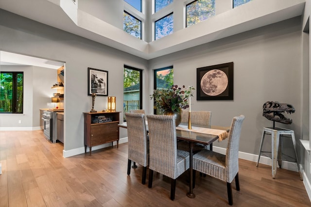 dining area featuring a high ceiling and light hardwood / wood-style floors